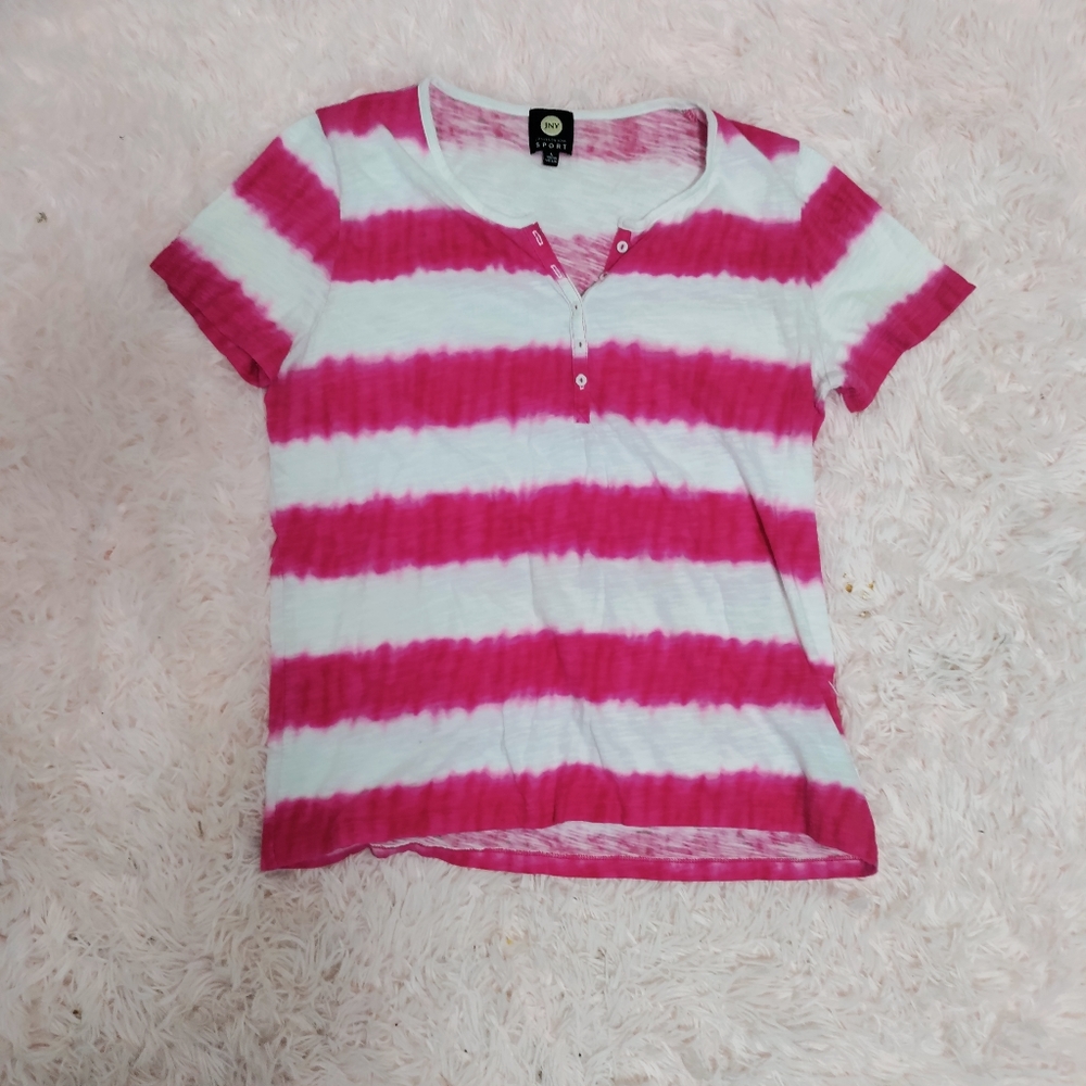 💸LAST CHANCE - JONES NY SPORT Hot Pink & White Tie Dye Striped Thin Tshirt.Sz.L
